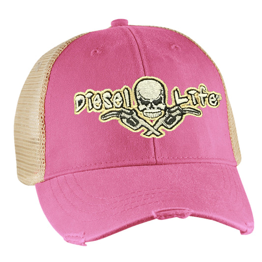 Distressed Snapback Hat Neon Pink/Tan/Tan