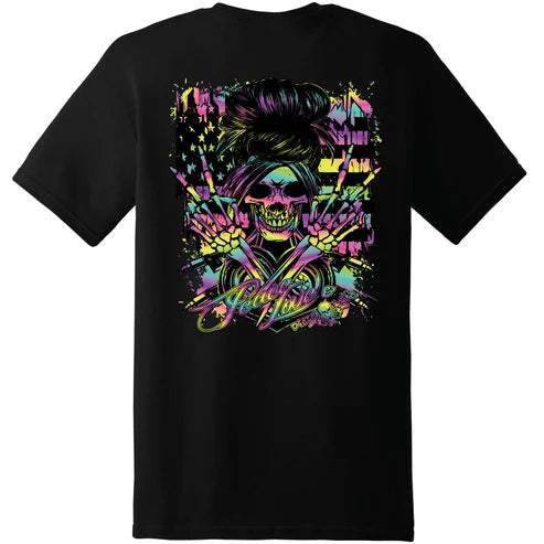 A black short-sleeve t-shirt with a large, vibrant graphic on the front featuring a stylized skull, crossed bones, and neon splatters in pink, green, yellow, and purple.