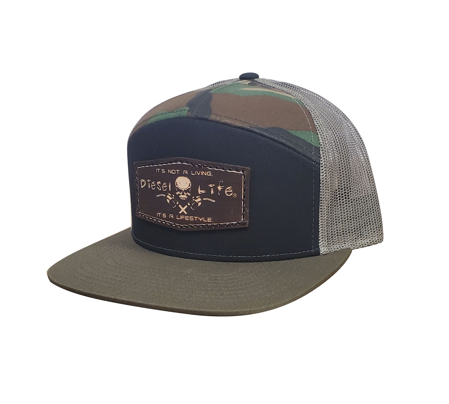 7 Panel Trucker Hat Black Green Camo