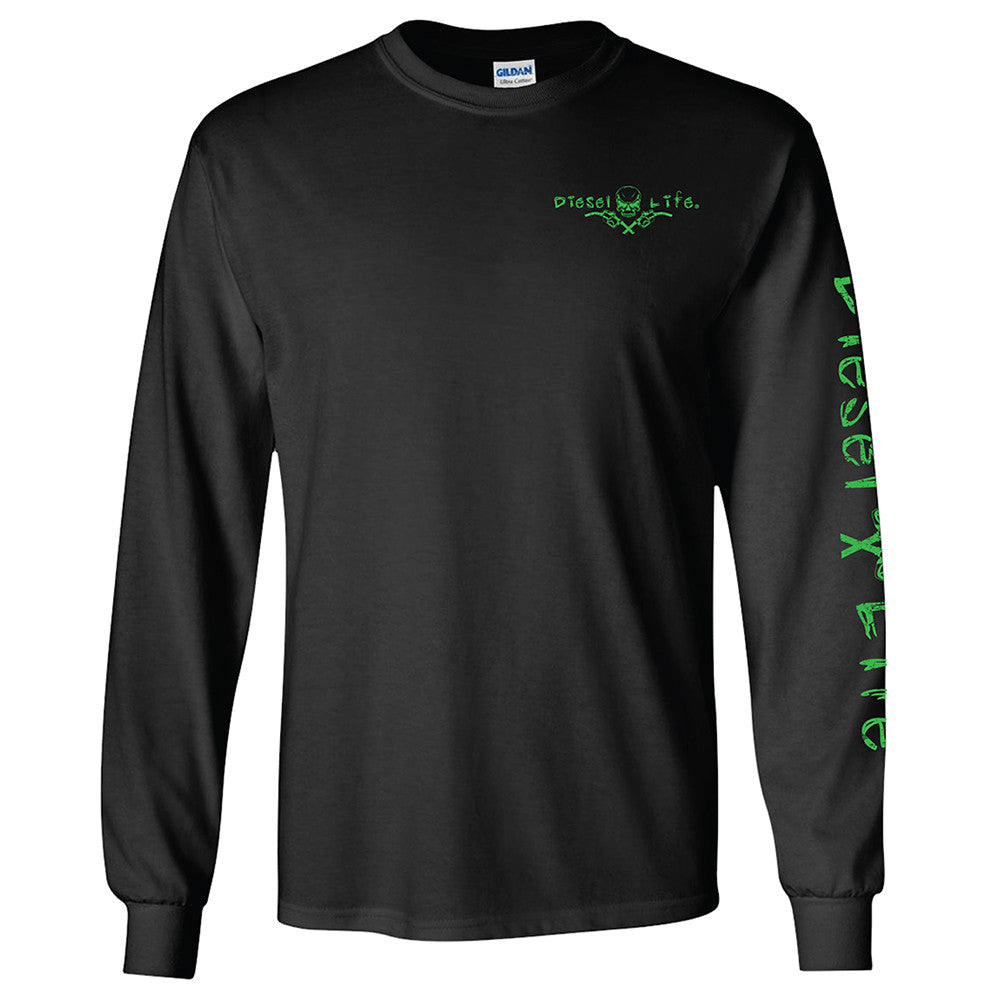 Full Skull Long Sleeve T-Shirt - Black with Green Imprint