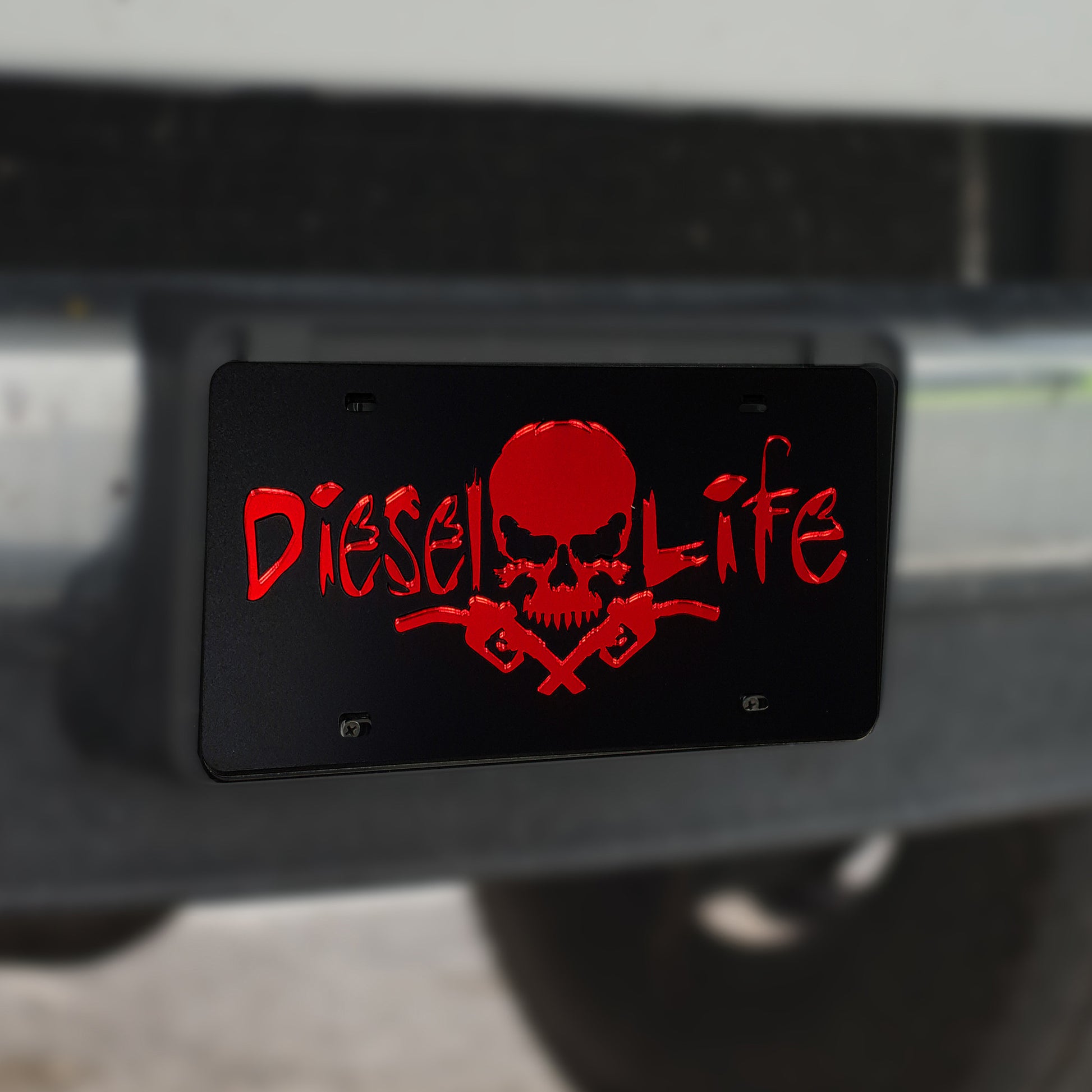 Diesel Life Skull & Pumps License Plate Tag BLACK W/ RED - Diesel Life®